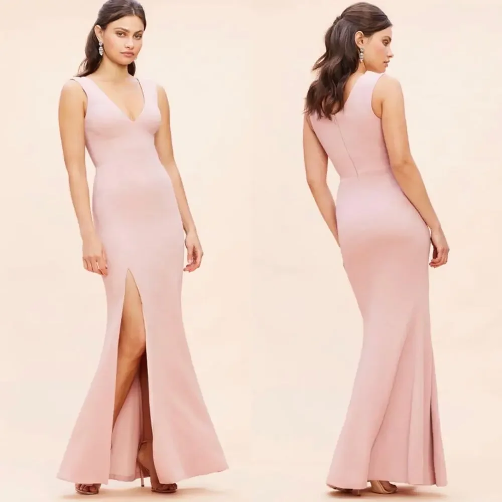 NWOT Dress The Population Sandra Plunge Crepe Trumpet Gown in Blush, Medium - Picture 2 of 16